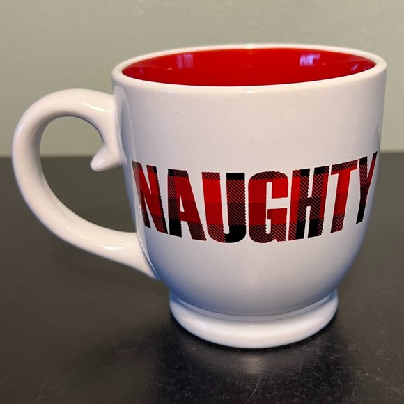 NAUGHTY  Merry Christmas Mug ~ Red & Green Plaid Block Lettering ~ Red Interior - Picture 1 of 5